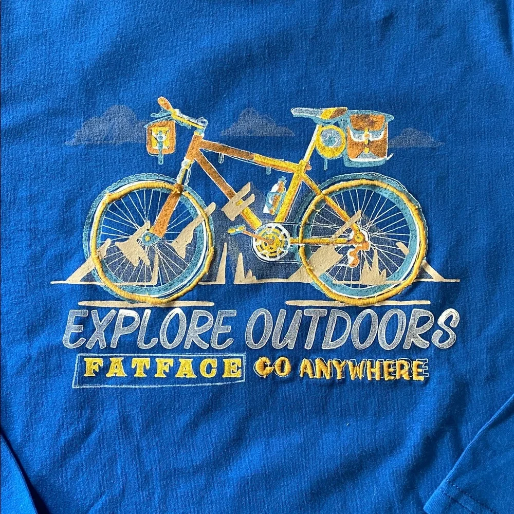 🚲 NWOT FatFace Blue Embroidered Bicycle Graphic Tee Kids Long Sleeve, S 6/7
